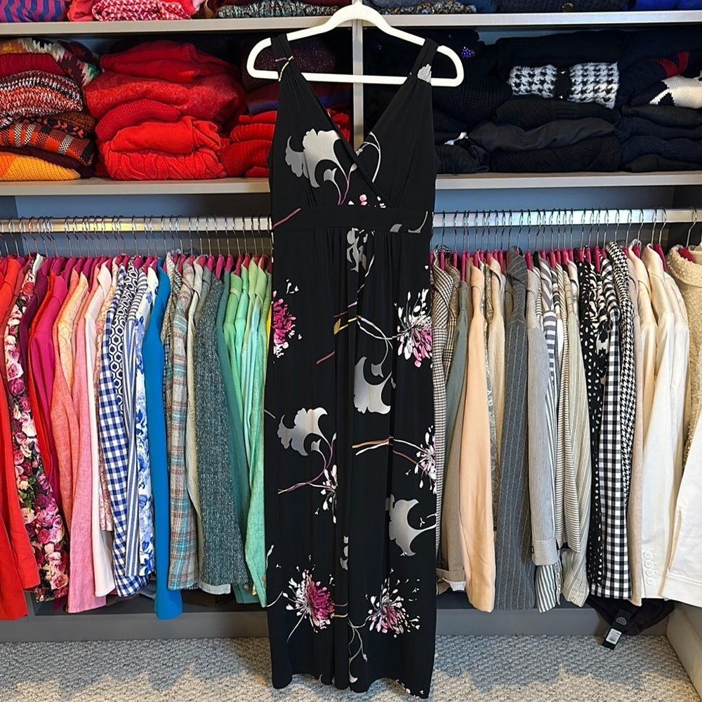 Apt. 9 black/pink/gray floral sleeveless v neck smocked back maxi dress size XSP